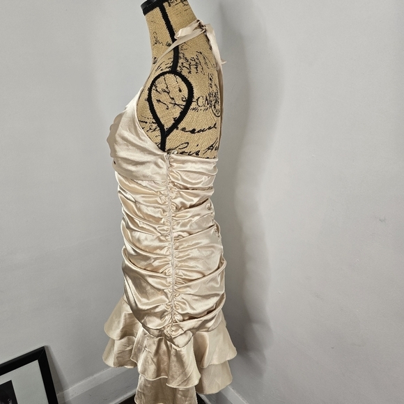 Vintage Y2K Jessica McClintock Gold Ruched Ruffled Halter Prom Dress Fairycore - Picture 3 of 13